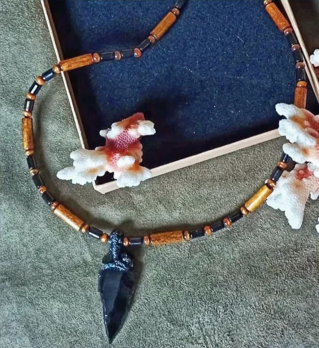 Hawaiian Gold Coral, black coral and obsidian arrowhead necklace