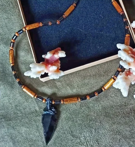 Hawaiian Gold Coral, black coral and obsidian arrowhead necklace